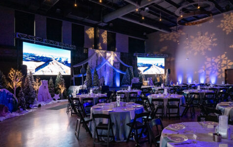A fully holiday themed corporate party in a large event space